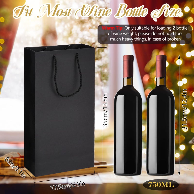 CUGBO 12 Pack 2 Bottles Wine Carrier Tote Holders, Black Paper Wine Champagne Gift Bottle Carrying Bags with Handles for Christmas Business Wedding Baby Shower - Image 2